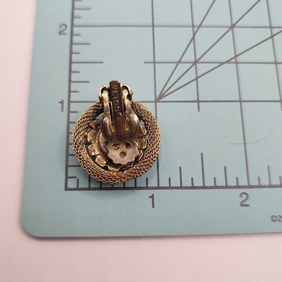 Vintage Weiss Mesh Rhinestone Earrings Aurora Borealis Gold Tone - Picture 7 of 7